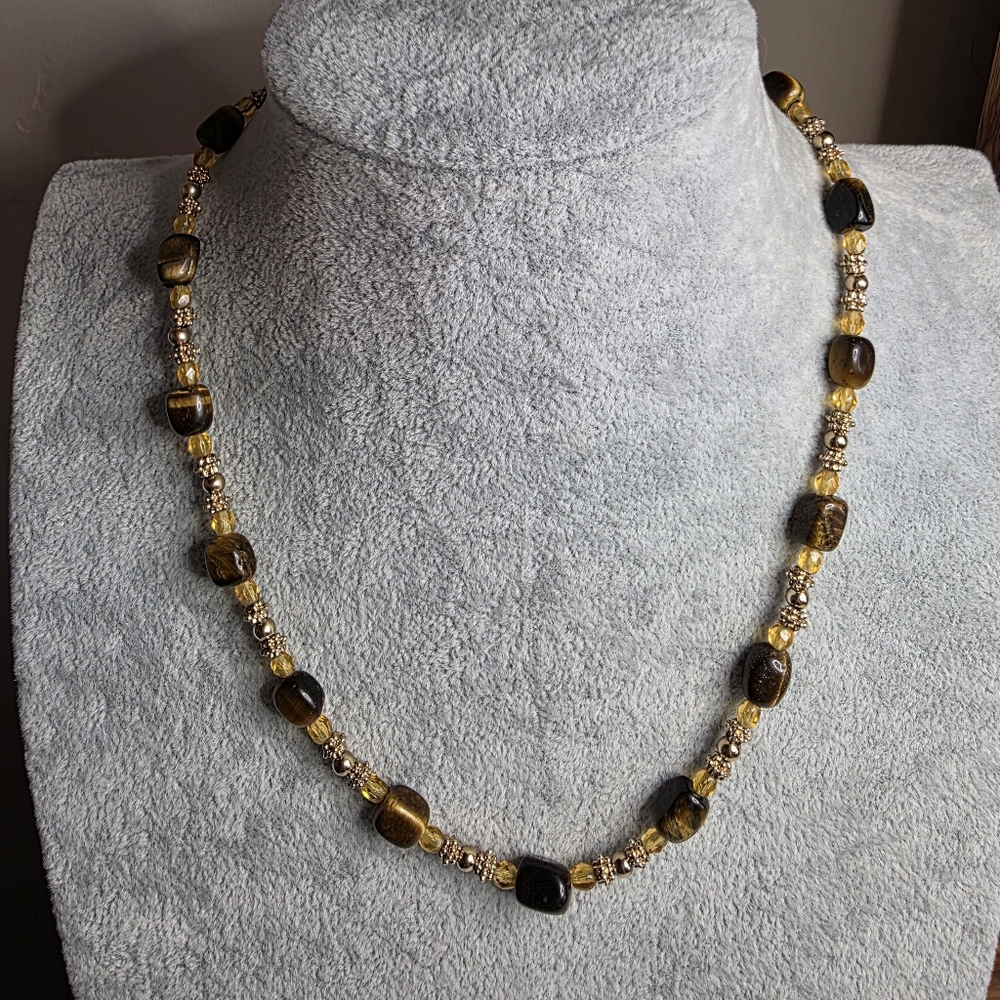 Napier Tiger's Eye Stone and Faceted Gold Crystal Beaded Gold-tone Necklace